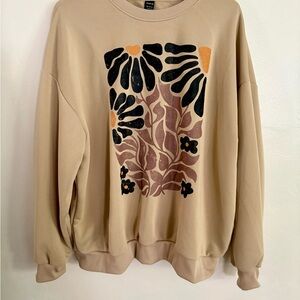 Oversized Beige Floral Graphic Sweater, Size Large